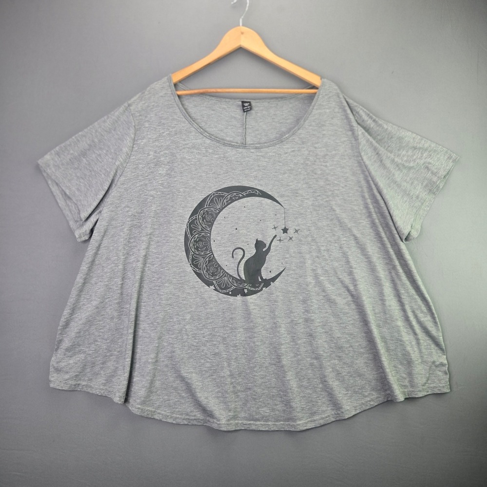 Shein Curve Graphic T-Shirt Moon Cat Stars Gray 7X Plus Size Short Sleeve Tee